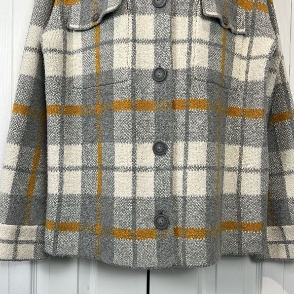 Rachel Zoe Grey Cream Mustard Plaid Sweater Shacket Size S  fits oversized - Picture 4 of 11
